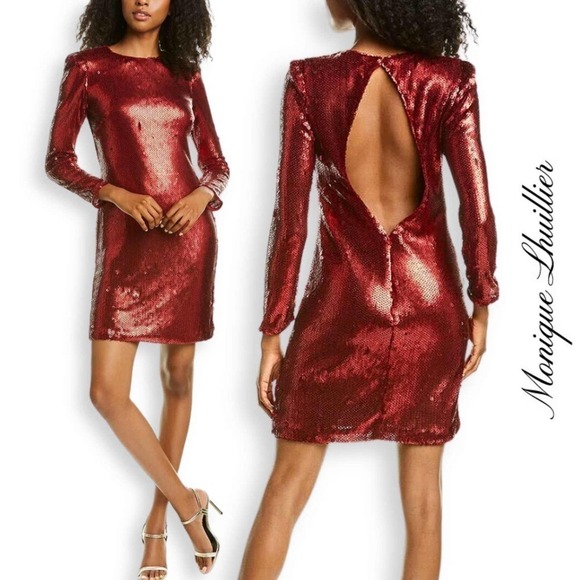 Monique Lhuillier NWT Long Sleeve Red Open Back Sequin Cocktail Mini Dress 6 - Picture 1 of 16